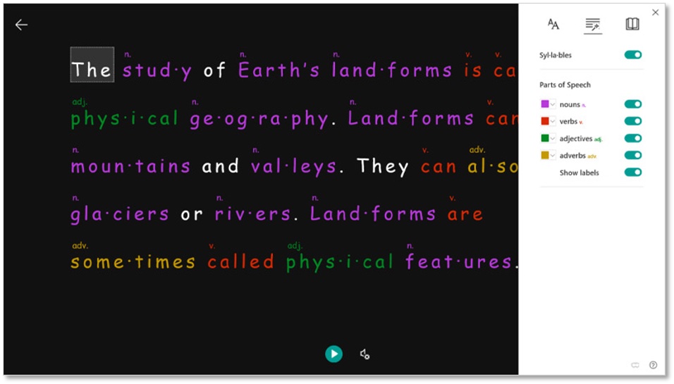 Example of windows immersive reader on text.
