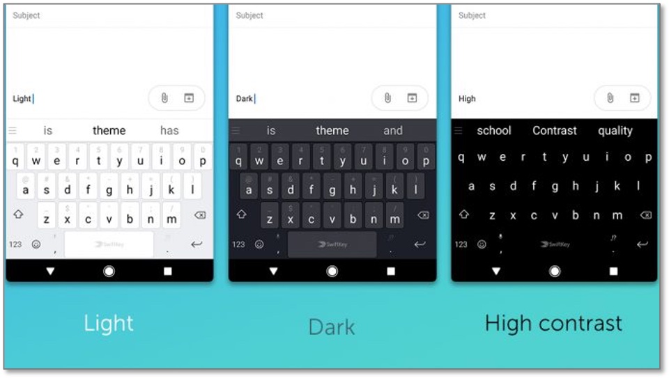 Swiftkey keyboard displayed in three themes