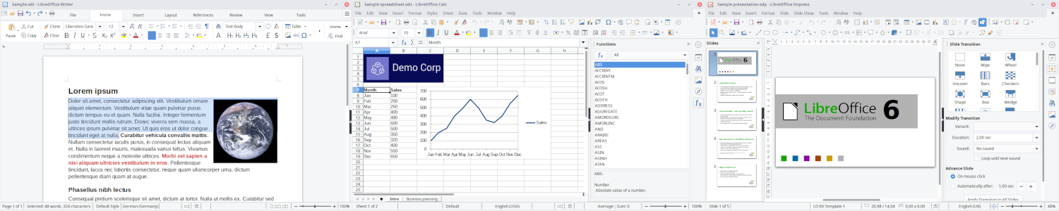 Screenshots showing the various applications that make up LibreOffice